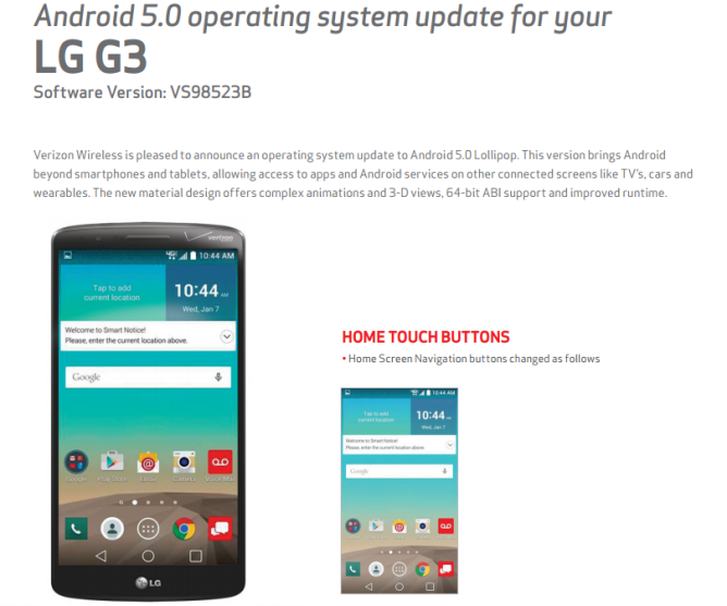 Verizon LG G3 Android 5.0 Lollipop update news